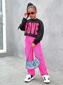 SHEIN 2 Stücke Set für Teenager Mädchen, fuchsiafarbener "LOVE" Muster Schwarzer Hoodie und fuchsiafarbene Cargohose im Streetwear-Stil - Schwarz - Übersicht 8