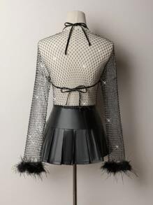 SHEIN ICON 鱼网长袖圆领拼布蓬松边饰 Y2K 派对女士音乐会女士闪光闪亮水钻上衣