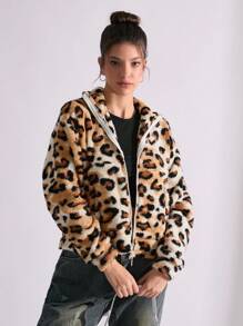 EURMUSE Animal Print Drop Shoulder Teddy Velvet Zip Lock Closure Coat - Multicolor - View 5