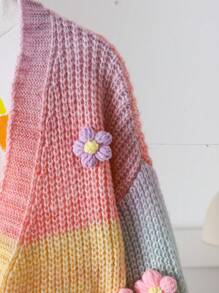 SHEIN Cárdigan de flores tejido a mano con diseño arcoíris, suéter corto con mangas de farol lindo para niñas