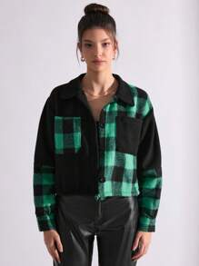 SHEIN PETITE Plus Plaid Button Up Drop Shoulder Jacket - Green - View 2