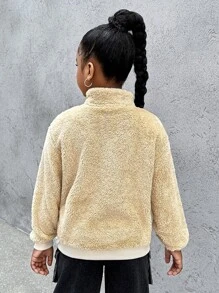 SHEIN Explorewe Girls' Stand Collar Half-Zip Front Double-Sided Fleece Sweatshirt With Embroidered Letters, Warm For Autumn/Winter - White - View 2