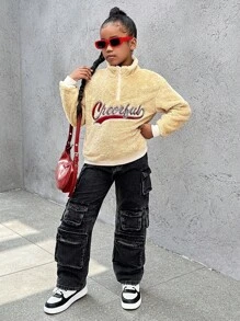 SHEIN Explorewe Girls' Stand Collar Half-Zip Front Double-Sided Fleece Sweatshirt With Embroidered Letters, Warm For Autumn/Winter - White - View 8