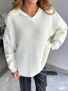 EURMUSE Women Relaxed Fitted Rib Knit Detailed Sweater With Wide Collar And Button Details - White - View 3