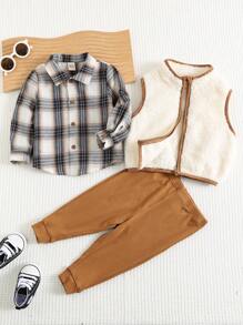 Cozy Pixies 3-delige babyjongensset: geruit revers lange mouwen overhemd met knoopjes, contrasterende kleur mouwloos dik vest en elastische taillebroek