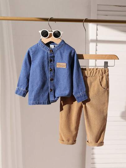 SHEIN Playful Pals Baby Boy Casual Denim Stand Collar Long Sleeve Shirt With Letter Embroidered & Khaki Long Pants Set, Fashionable & Cute For Home, Gatherings And Photo Shooting