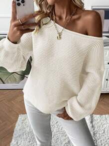 SHEIN PETITE Women's Asymmetrical Shoulder Loose Fit Cropped Sweater,Solid Color,Off-White,Autumn,Casual,Elegant,Everyday Long Sleeve Top Knit Pullover Fall ,Petite Women - Apricot - View 3