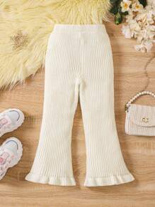 Quần ống loe dệt kim dày có gân cho bé gái, có viền xếp nếp, thoải mái và đa năng khi mặc đi học - trắng - Xem 2