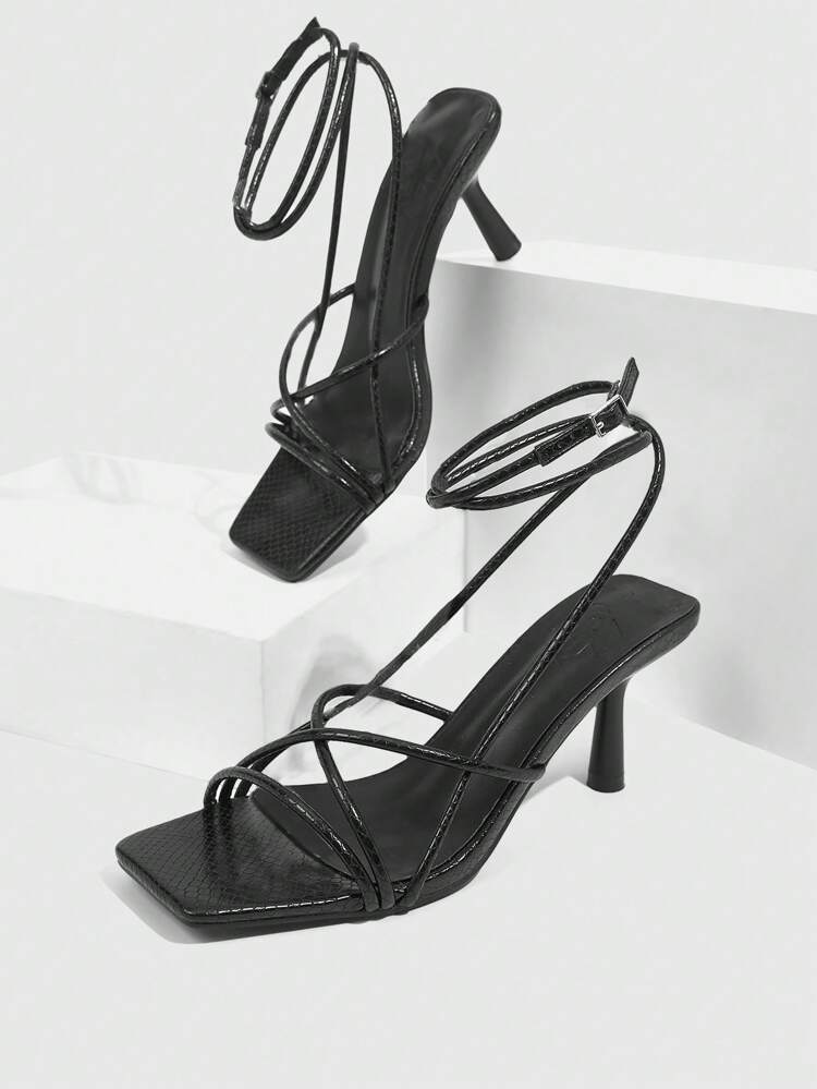 CUCCOO SZL Women's Simple Black Snake Skin Pattern Square Toe Low Heel Sandals For Christmas Spring Shoes Prom Heels