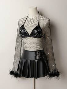 SHEIN ICON 鱼网长袖圆领拼布蓬松边饰 Y2K 派对女士音乐会女士闪光闪亮水钻上衣