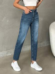 RueChic Casual Mid Waist Ripped Mom Fit Jeans - Medium Wash - View 6