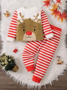 Young Girl Christmas Reindeer Fluffy Jacquard Embroidered Round Neck Long Sleeve Sweater And Striped Print Long Pants 2pcs Suit - Red - View 1