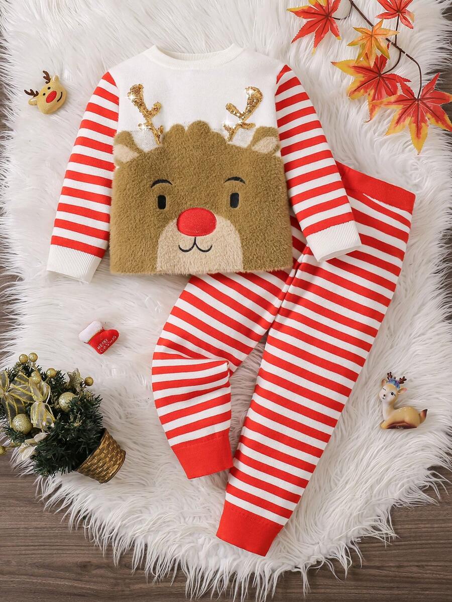 Young Girl Christmas Reindeer Fluffy Jacquard Embroidered Round Neck Long Sleeve Sweater And Striped Print Long Pants 2pcs Suit - Red - View 1