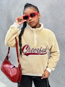 SHEIN Explorewe Girls' Stand Collar Half-Zip Front Double-Sided Fleece Sweatshirt With Embroidered Letters, Warm For Autumn/Winter - White - View 3