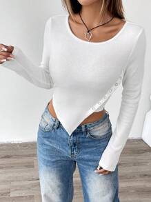 Chiquease Áo thun tay dài cổ tròn viền bất đối xứng giản dị, mùa thu - trắng - Xem 4