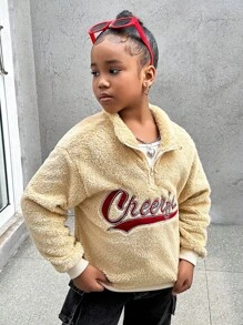 SHEIN Explorewe Girls' Stand Collar Half-Zip Front Double-Sided Fleece Sweatshirt With Embroidered Letters, Warm For Autumn/Winter - White - View 6