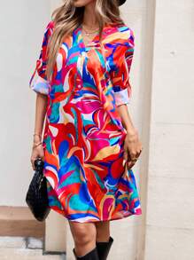 SHEIN LUNE 女士前扣中长袖全印花简约短款休闲连衣裙 - 彩色 - 查看 1