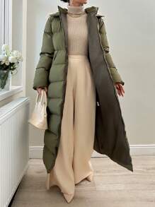 RueChic Zip Up Fuzzy Trim Hooded Puffer Coat - Dark Green - View 3