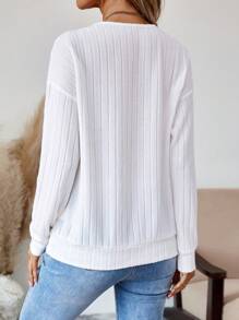 EMERY ROSE 女士休闲罗纹V领落肩套头卫衣，秋季款 - 白色 - 查看 2