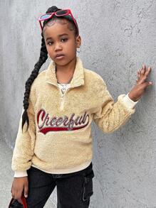 SHEIN Explorewe Girls' Stand Collar Half-Zip Front Double-Sided Fleece Sweatshirt With Embroidered Letters, Warm For Autumn/Winter - White - View 5