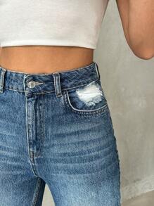 RueChic Casual Mid Waist Ripped Mom Fit Jeans - Medium Wash - View 3