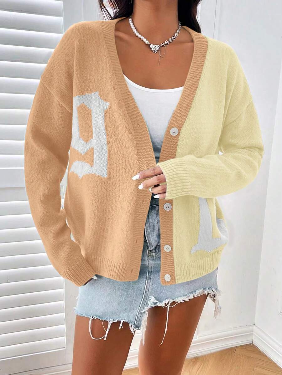 Flirla Áo len cardigan cài nút rộng rãi họa tiết chữ cái đơn giản cho nữ - Nhiều màu - Xem 1
