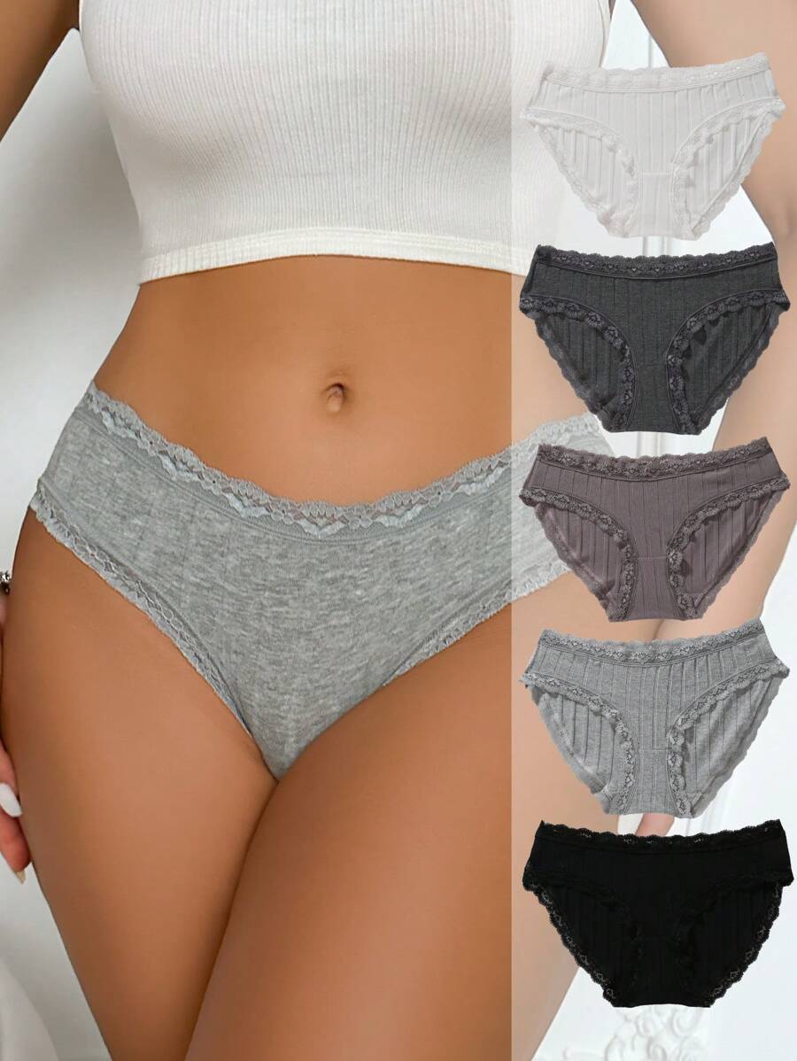 Women's Solid Color Contrast Lace Seamless Briefs,5 Pcs - Multicolor - View 1
