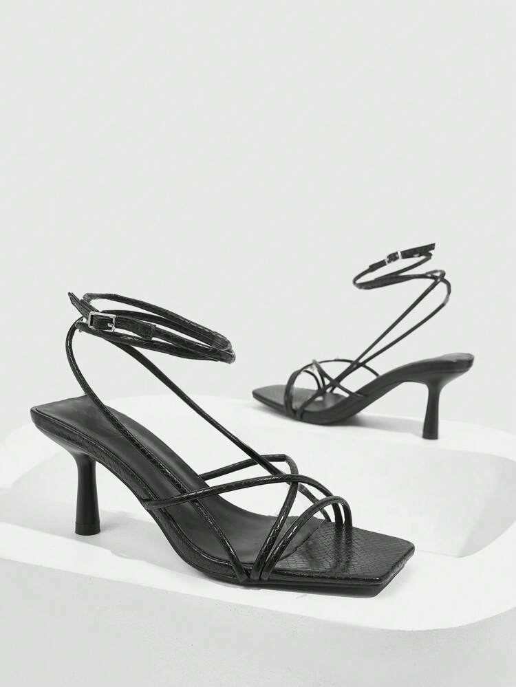 CUCCOO SZL Women's Simple Black Snake Skin Pattern Square Toe Low Heel Sandals For Christmas Spring Shoes Prom Heels
