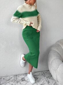 RueChic Ladies' Half Turtleneck Colorblocking Knit Sweater And Knitted Skirt Set - Green - View 6