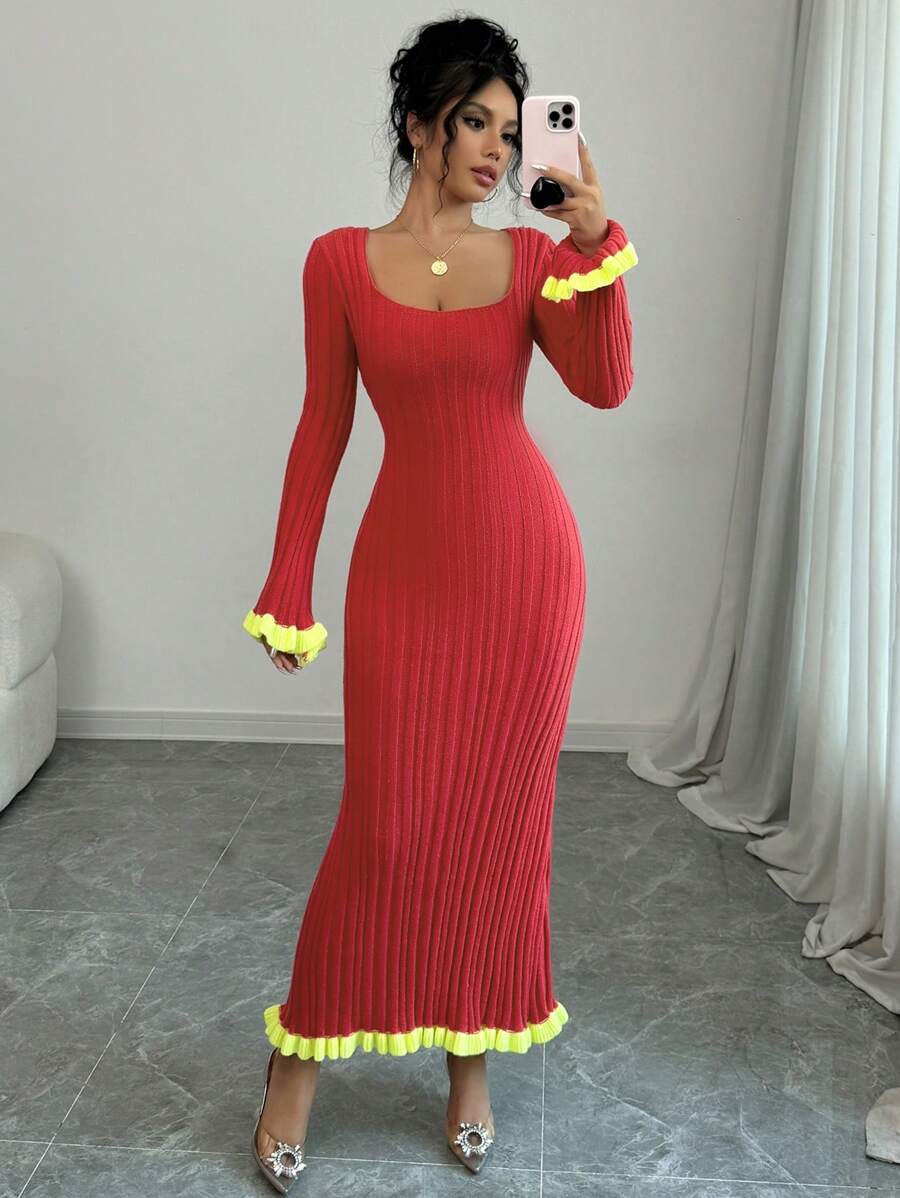 Chiquease Váy len dệt kim cổ vuông tay raglan màu khối xếp nếp cho phụ nữ cho quần áo năm mới - Đỏ - Xem 1