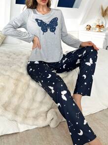 Conjunto de pijama informal de top y pantalones con estampado de mariposa y galaxia para mujer, ropa de otoño e invierno - Multicolor - Ver 4