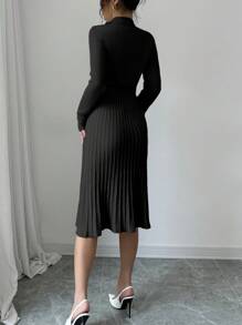 Selianne 女士休闲纯色立领百褶下摆系带毛衣连衣裙 - 黑色 - 查看 2