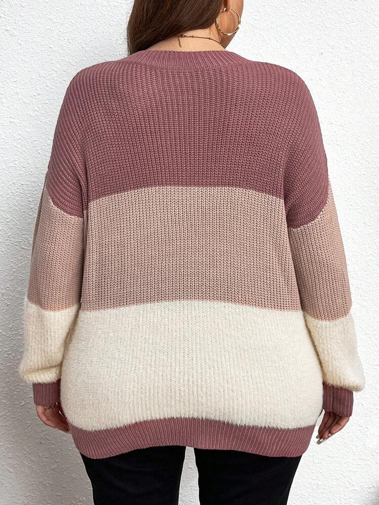 EMERY ROSE Plus Size Women's Color Block Striped Knit Crew Neck Long Sleeve Casual Regular Fit Pullover Sweater, Versatile For Autumn/Winter Knit Pullover Fall - Multicolor - View 2