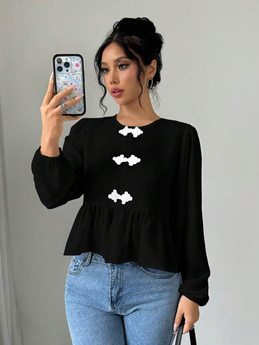 Selianne Blusa de mujer con cuello redondo, mangas con volantes, colorblock y botones, top de peplum de unicolor - Negro - Ver 1