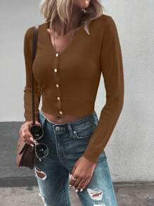 SHEIN LUNE Women Casual Front Button Solid Color Thin Cardigan, Suitable For Autumn - Brown - View 3