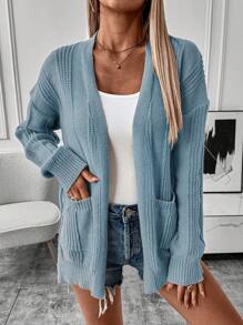 Chiquease Áo khoác cardigan trễ vai màu trơn cho nữ có hai túi - Màu xanh bụi bặm - Xem 3