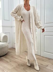 EURMUSE Ponpon And Stone Button Detail Maxi Long Cardigan - Apricot - View 5