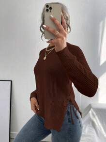 EMERY ROSE Áo len nữ tay dài cổ tròn, kiểu raglan, thích hợp mặc mùa thu/đông, áo len chui đầu mùa thu. - Cà phê nâu - Xem 4