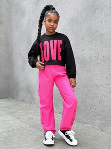 SHEIN 2 Stücke Set für Teenager Mädchen, fuchsiafarbener "LOVE" Muster Schwarzer Hoodie und fuchsiafarbene Cargohose im Streetwear-Stil - Schwarz - Übersicht 6
