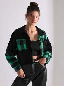 SHEIN PETITE Plus Plaid Button Up Drop Shoulder Jacket - Green - View 6