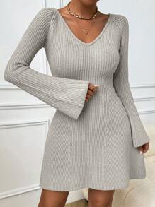 Chiquease Women's Solid Color V-Neck Flare Sleeve Simple Sweater Dress, Casual Everyday Wear - Grey - View 6