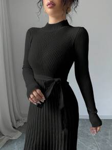 Selianne 女士休闲纯色立领百褶下摆系带毛衣连衣裙 - 黑色 - 查看 6