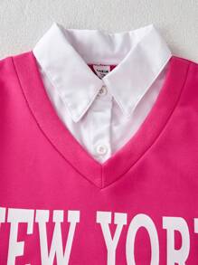 SHEIN 2 件套青少年女孩长袖领运动衫和阔腿工装裤休闲装，秋冬 - 玫紅色 - 查看 8