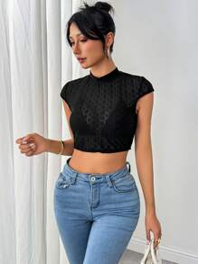 Chiquease 1 件女式立领纯色短款上衣，休闲日常穿着 - 黑色 - 查看 6