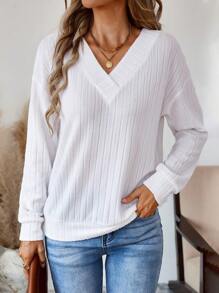 EMERY ROSE 女士休闲罗纹V领落肩套头卫衣，秋季款 - 白色 - 查看 4