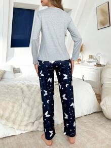 Conjunto de pijama informal de top y pantalones con estampado de mariposa y galaxia para mujer, ropa de otoño e invierno - Multicolor - Ver 2