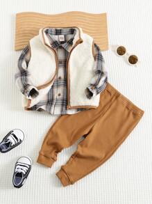 Cozy Pixies 3-delige babyjongensset: geruit revers lange mouwen overhemd met knoopjes, contrasterende kleur mouwloos dik vest en elastische taillebroek