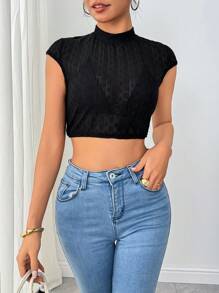 Chiquease 1 件女式立领纯色短款上衣，休闲日常穿着 - 黑色 - 查看 5