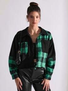 SHEIN PETITE Plus Plaid Button Up Drop Shoulder Jacket - Green - View 5