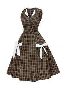 SHEIN Clasi 大码圣诞拼色格子蝴蝶结装饰长裙 - 咖啡棕 - 查看 1